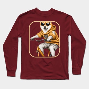 Shiba Inu wearing a hoodie riding a bike and wearing sunglasses Long Sleeve T-Shirt